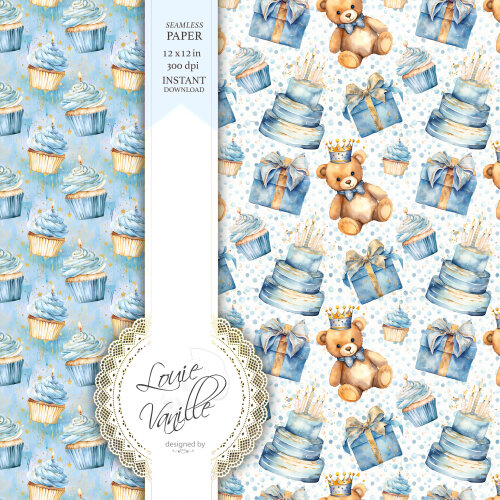 Kit Feliz Aniversário Azul Papéis Digitais Seamless (Sem Emenda
