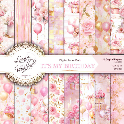 Kit Feliz Aniversário Cor de Rosa Papéis Digitais Seamless (Sem Emenda)