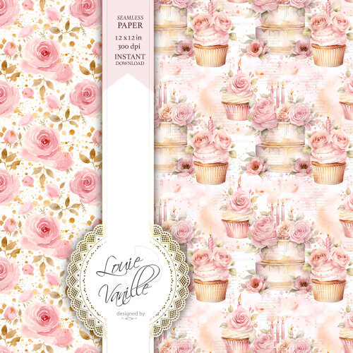 Kit Feliz Aniversário Cor de Rosa Papéis Digitais Seamless (Sem