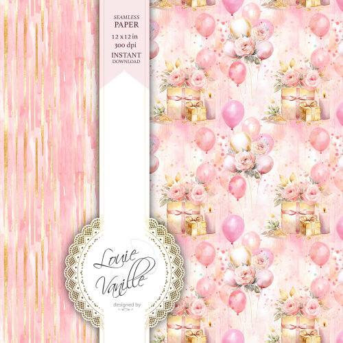 Kit Feliz Aniversário Cor de Rosa Papéis Digitais Seamless (Sem