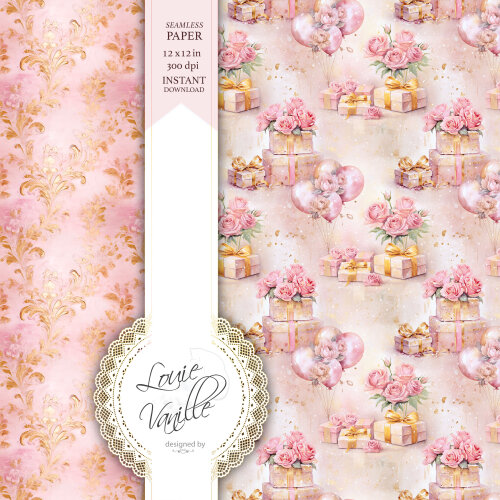 Kit Feliz Aniversário Cor de Rosa Papéis Digitais Seamless (Sem