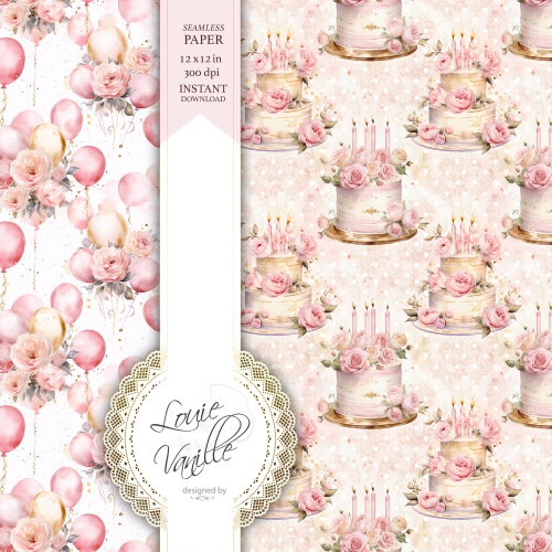 Kit Feliz Aniversário Cor de Rosa Papéis Digitais Seamless (Sem