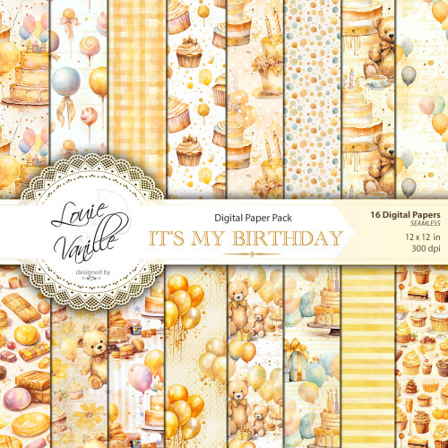 Kit Feliz Aniversário Amarelo Papéis Digitais Seamless (Sem Emenda)