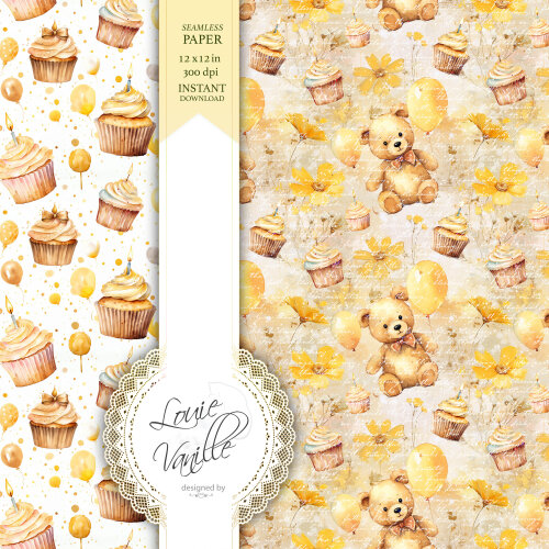Kit Feliz Aniversário Amarelo Papéis Digitais Seamless (Sem Eme