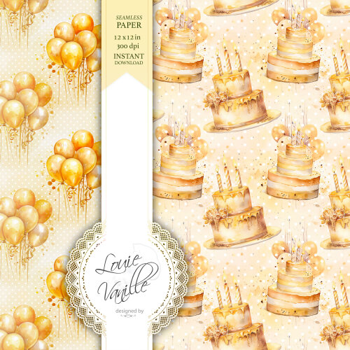 Kit Feliz Aniversário Amarelo Papéis Digitais Seamless (Sem Eme