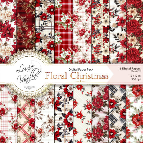Kit Floral de Natal Papéis Digitais Seamless (Sem Emenda)