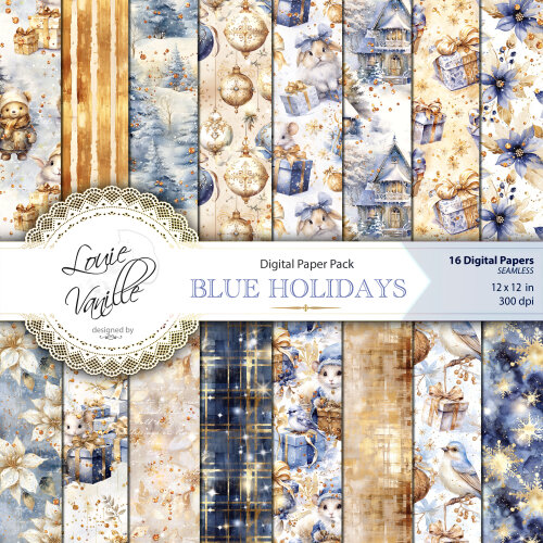 Kit Natal Dourado e Azul Papéis Digitais Seamless (Sem Emenda)