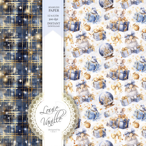 Kit Natal Dourado e Azul Papéis Digitais Seamless (Sem Emenda)