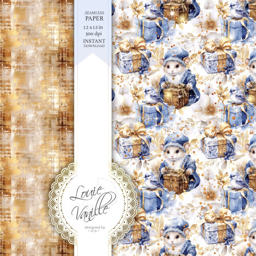 Kit Natal Dourado e Azul Papéis Digitais Seamless (Sem Emenda)