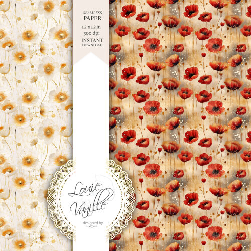 Kit Floral Papoulas Papéis Digitais Seamless (Sem Emenda)
