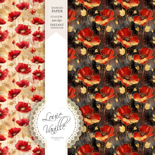 Kit Floral Papoulas Papéis Digitais Seamless (Sem Emenda)