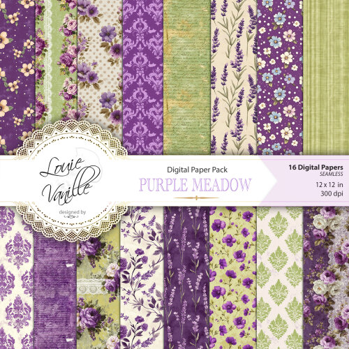 Kit Floral Campo de Flores Verde e Roxo Papéis Digitais Seamless (Sem Emenda)