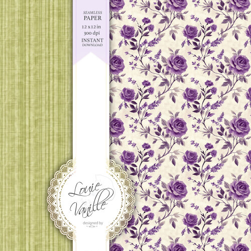 Kit Floral Campo de Flores Verde e Roxo Papéis Digitais Seamless