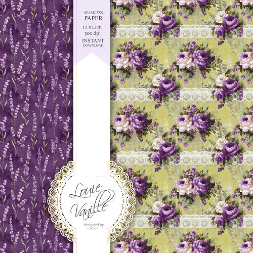 Kit Floral Campo de Flores Verde e Roxo Papéis Digitais Seamless