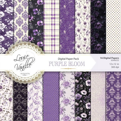 Kit Floral Roxo Vintage Papéis Digitais Seamless (Sem Emenda)