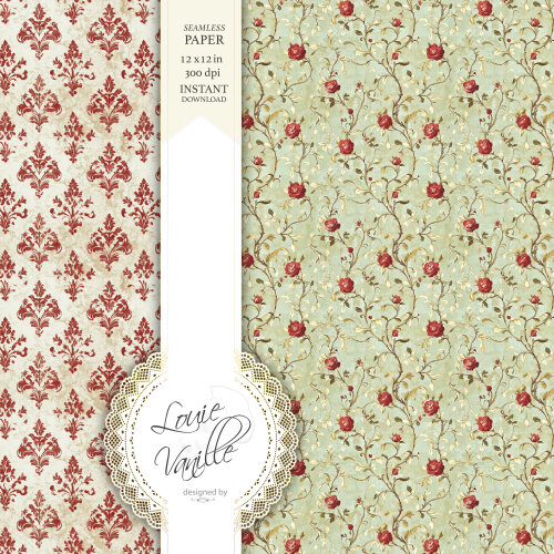 Kit Floral Vintage Vermelho Papéis Digitais Seamless (Sem Emenda