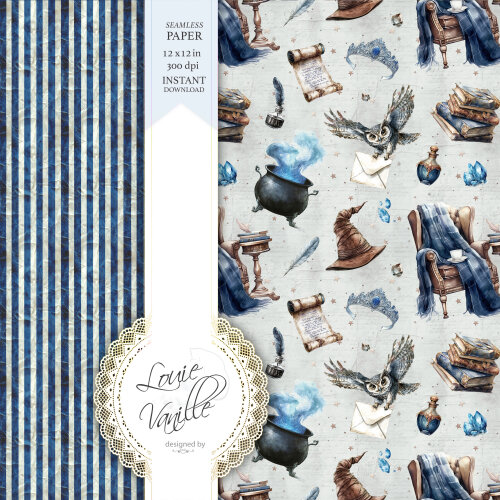 Kit Escola de Magia e Bruxaria Azul Papéis Digitais Seamless (Se