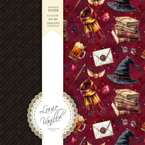 Kit Escola de Magia e Bruxaria Vermelho Papéis Digitais Seamless