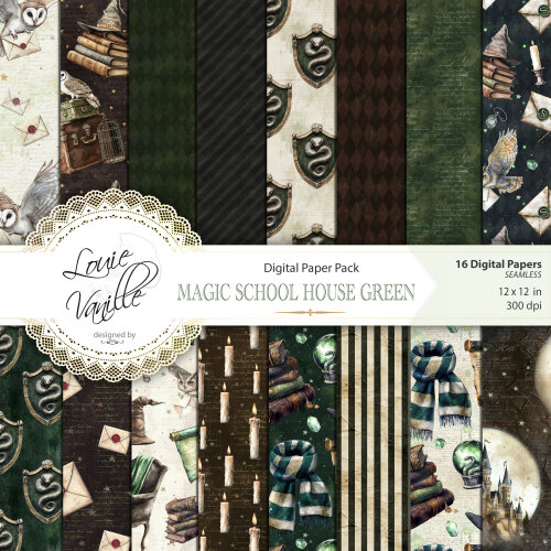 Kit Escola de Magia e Bruxaria Verde Papéis Digitais Seamless (Sem Emenda)