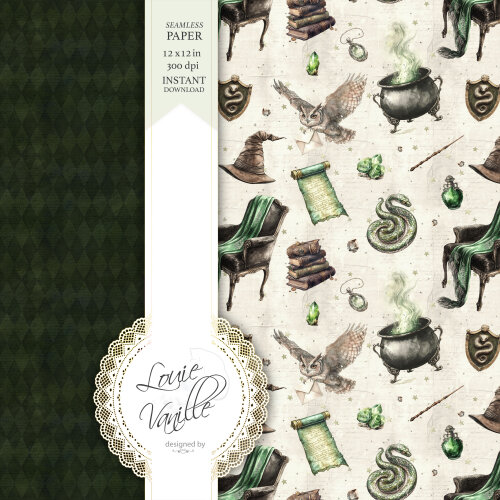 Kit Escola de Magia e Bruxaria Verde Papéis Digitais Seamless (S
