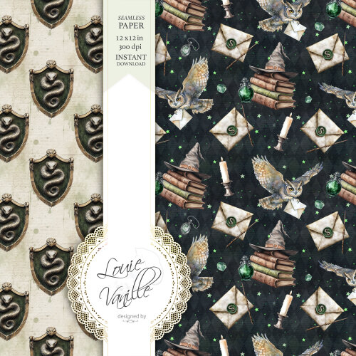 Kit Escola de Magia e Bruxaria Verde Papéis Digitais Seamless (S