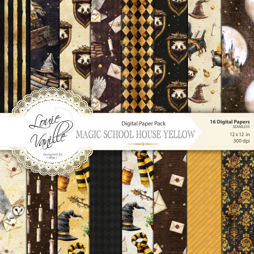 Kit Escola de Magia e Bruxaria Amarelo Papéis Digitais Seamless (Sem Emenda)