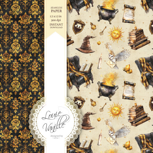 Kit Escola de Magia e Bruxaria Amarelo Papéis Digitais Seamless 