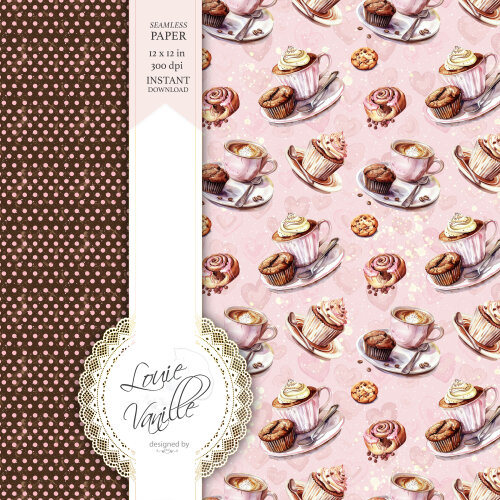 Kit Café Latte Cor de Rosa Papéis Digitais Seamless (Sem Emenda