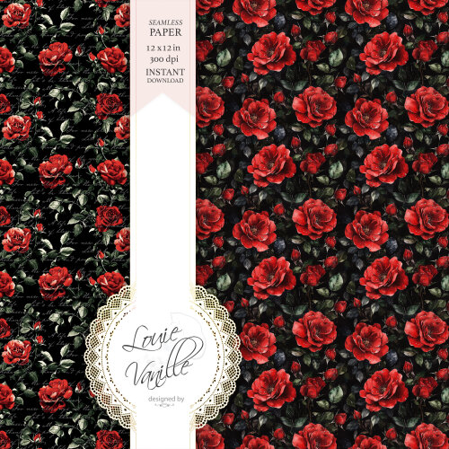 Kit Rosas Vermelhas Fundo Preto Papéis Digitais Seamless (Sem Em