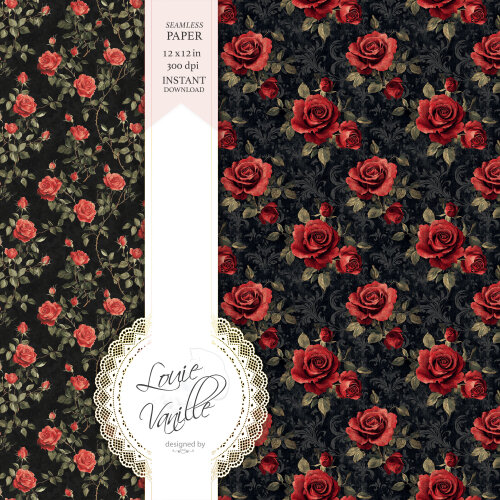 Kit Rosas Vermelhas Fundo Preto Papéis Digitais Seamless (Sem Em