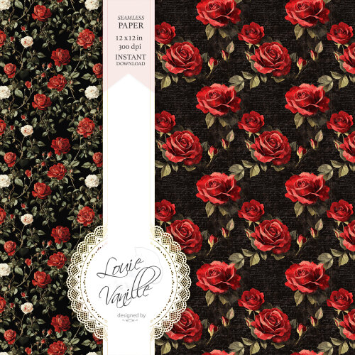 Kit Rosas Vermelhas Fundo Preto Papéis Digitais Seamless (Sem Em