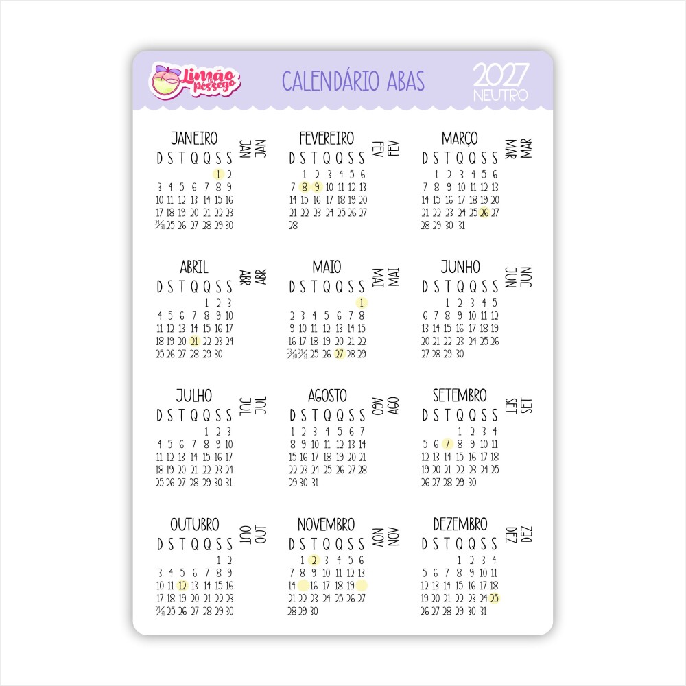 Calendário Adesivo 2027 Abas Planner Agenda Vinil Premium à Pro