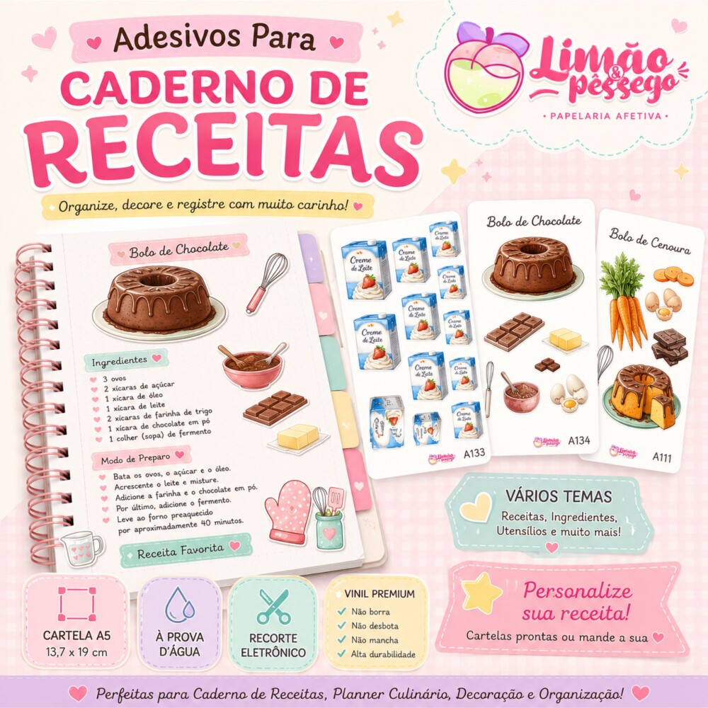 Adesivos para Caderno de Receitas Vinil à Prova D’Água Planne
