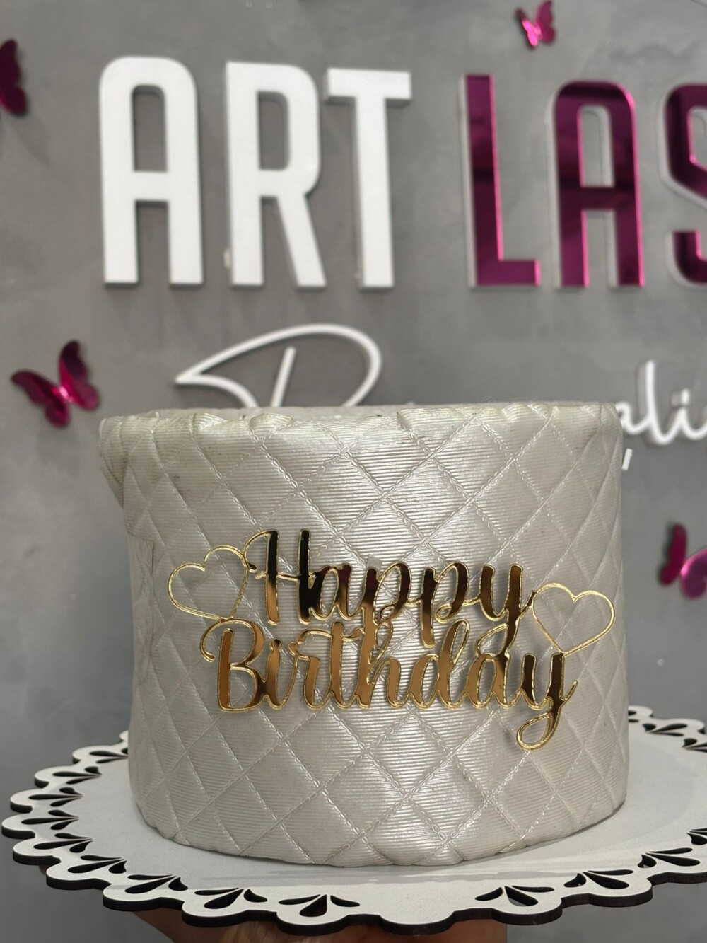 Topo de Bolo Happy Birthday Corações em acrílico
