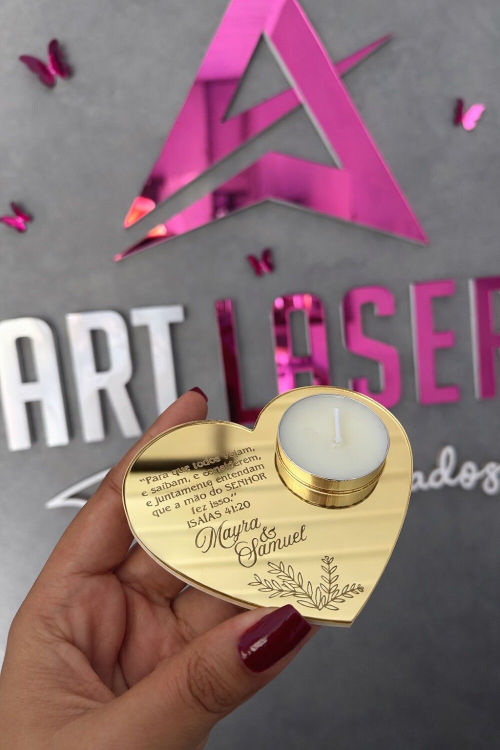 Porta-Velas Coração em Acrílico Espelhado - Personalizado Comp