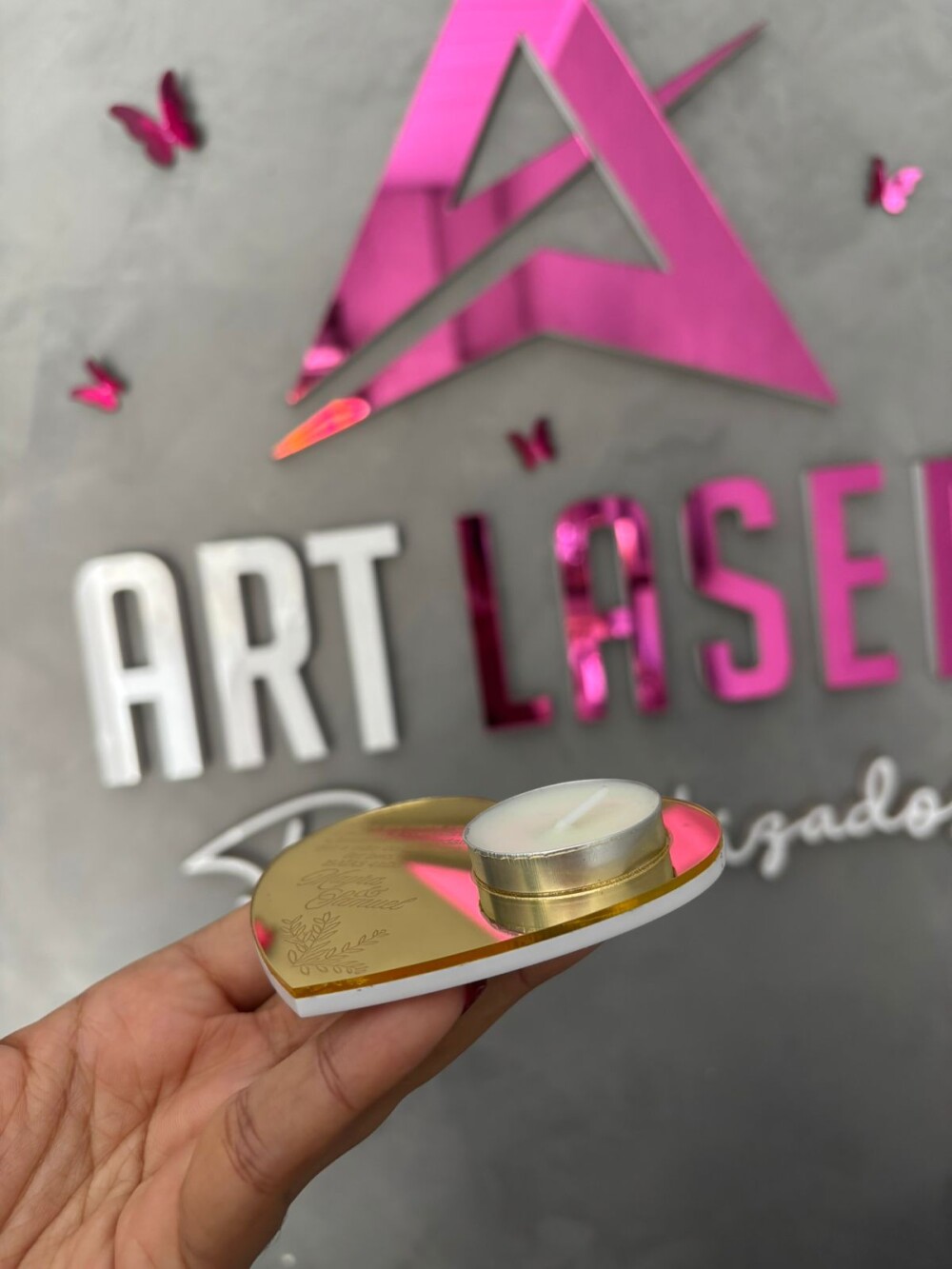 Porta-Velas Coração em Acrílico Espelhado - Personalizado Comp