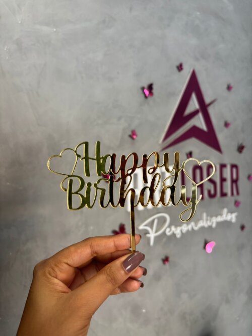 Topo de Bolo Happy Birthday Corações em acrílico