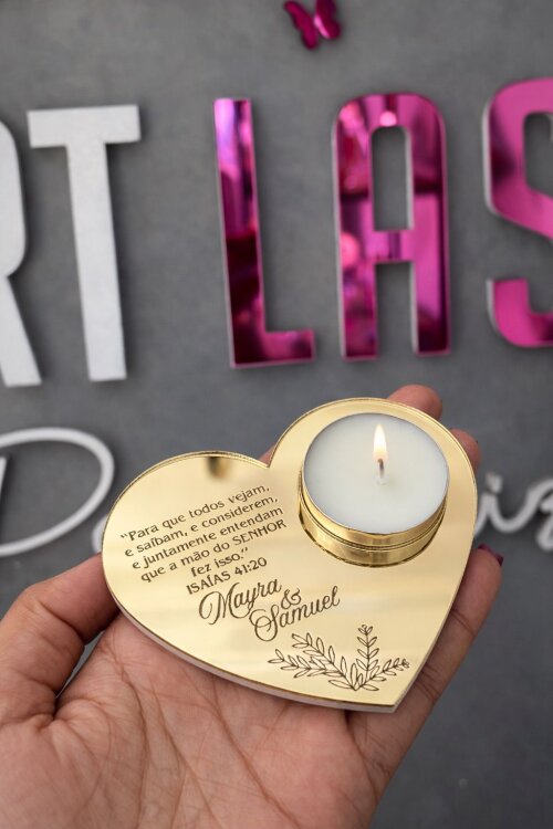 Porta-Velas Coração em Acrílico Espelhado - Personalizado Completo