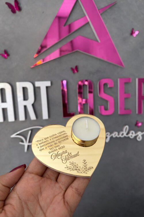 Porta-Velas Coração em Acrílico Espelhado - Personalizado Comp