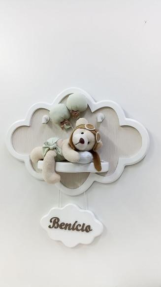 Enfeite de Porta Maternidade Urso Aviador na Nuvem com Leds