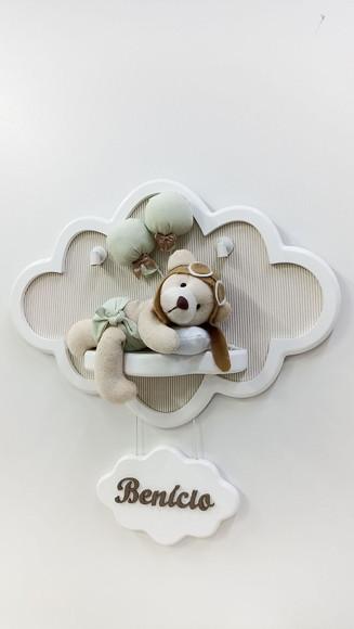 Enfeite de Porta Maternidade Urso Aviador na Nuvem com Leds