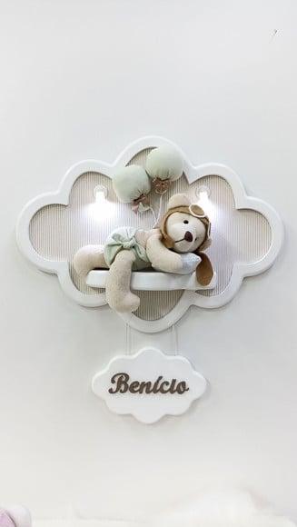 Enfeite de Porta Maternidade Urso Aviador na Nuvem com Leds
