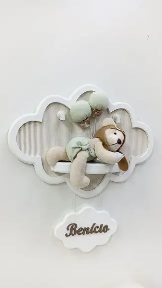 Enfeite de Porta Maternidade Urso Aviador na Nuvem com Leds