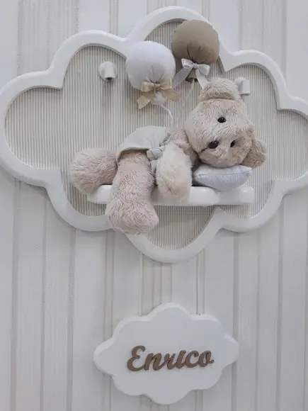 Enfeite de Porta Maternidade Urso na Nuvem com Leds