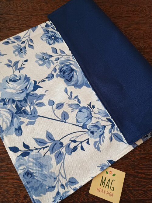 Kit jogo americano 4 unidades floral azul liso marinho mesa posta