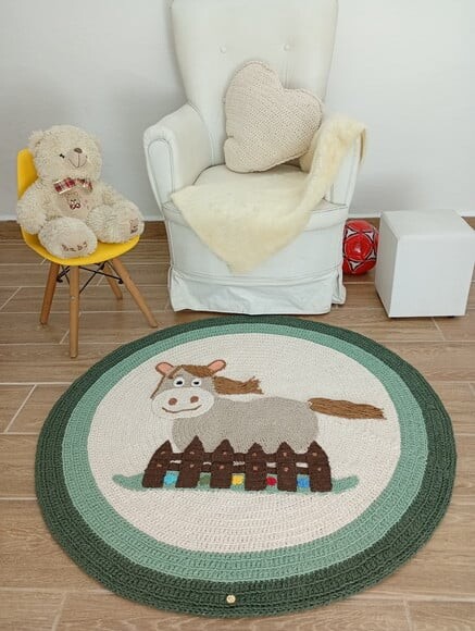 Tapete Infantil Cavalo Fazendinha Crochê Algodão 1m Verde