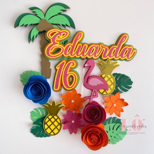 TOPO DE BOLO FLAMINGO FLORES 3D - ARQUIVO DE CORTE