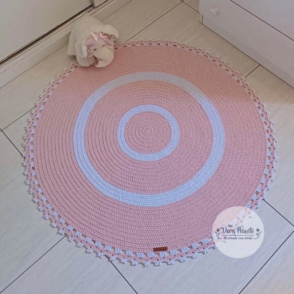 Tapete de Crochê Redondo Rosa e Branco Quarto de Bebê e Infa