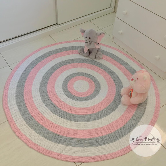Tapete Infantil de crochê redondo Menina branco cinza e rosa
