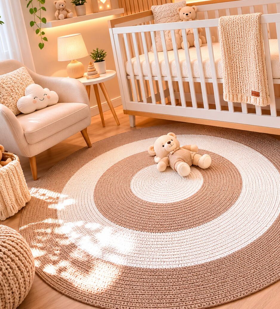Tapete Infantil bege e off white de crochê redondo 1,20 de diâm